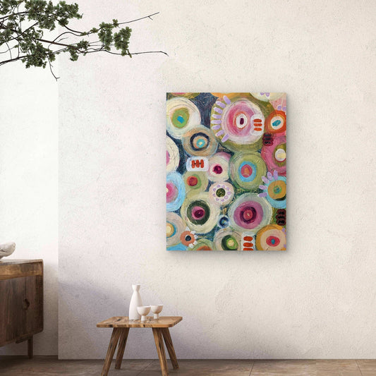 Tea & Cake abstract painting by Jen Rodger with colourful circular forms and layered acrylic textures