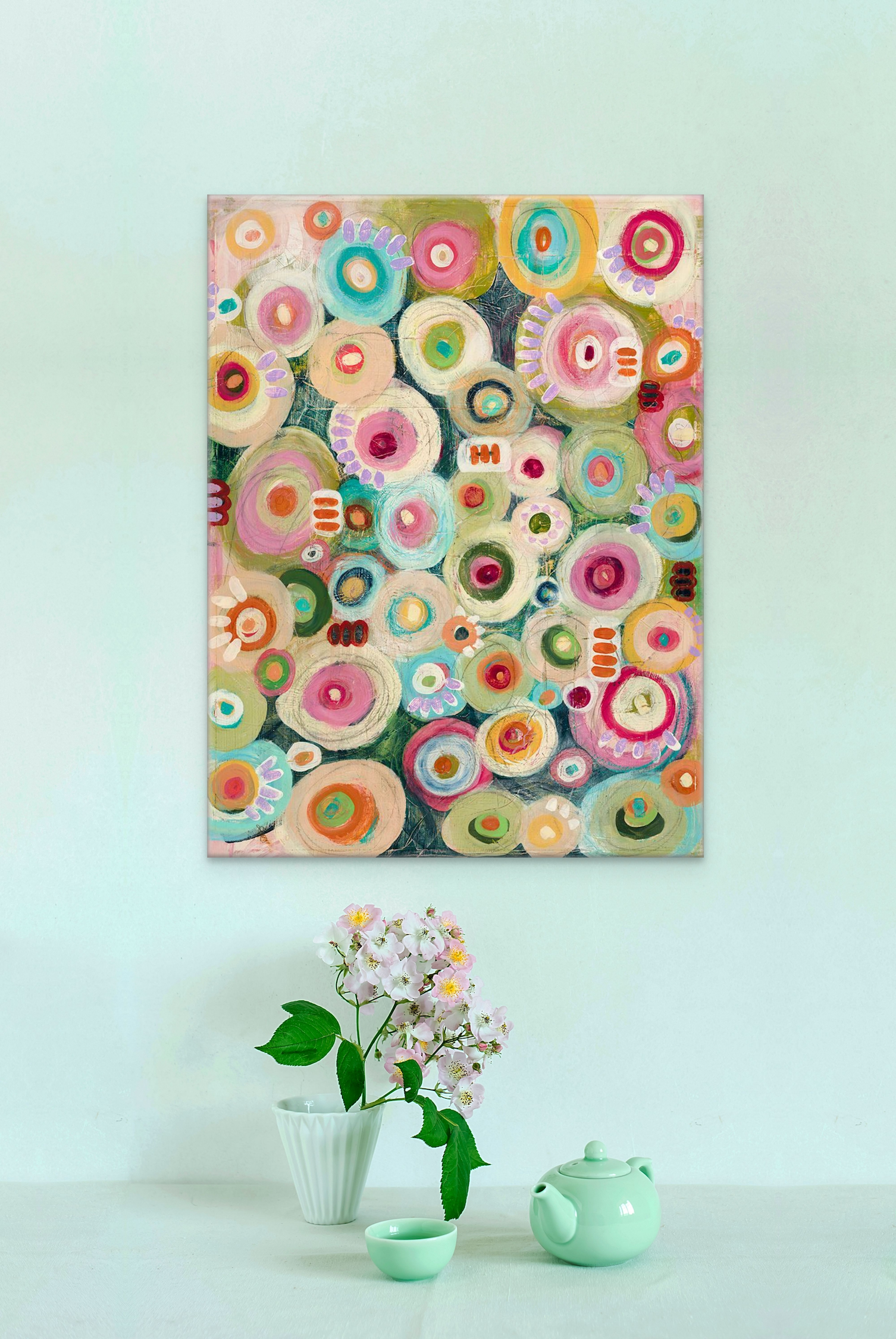 Tea & Cake abstract painting by Jen Rodger with colourful circular forms and layered acrylic textures