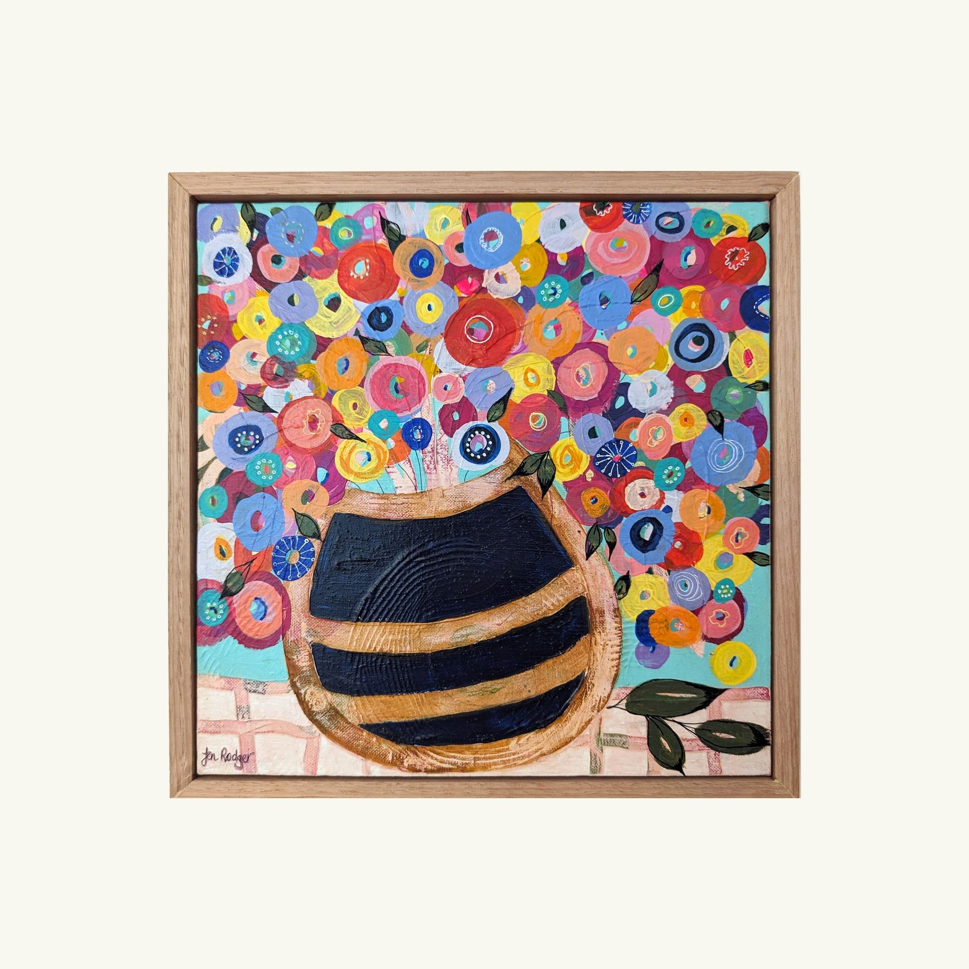 Flowers on the Table Make Me Happy – colourful floral painting by Janet Rodger in a natural timber frame.