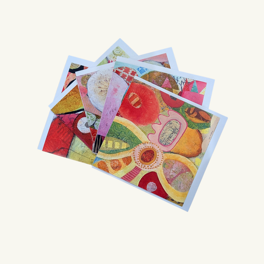 Colorful dreamlike abstract fruity greeting cards designed by Jen Rodger on a white background