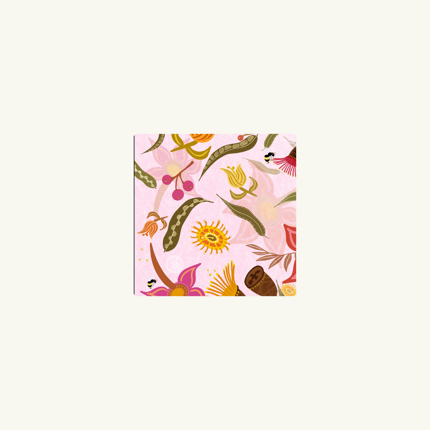 Patterned paper with floral and insect design on a pink background. Joyful abstract art apron designed and signed by Melbourne artist Jen Rodger