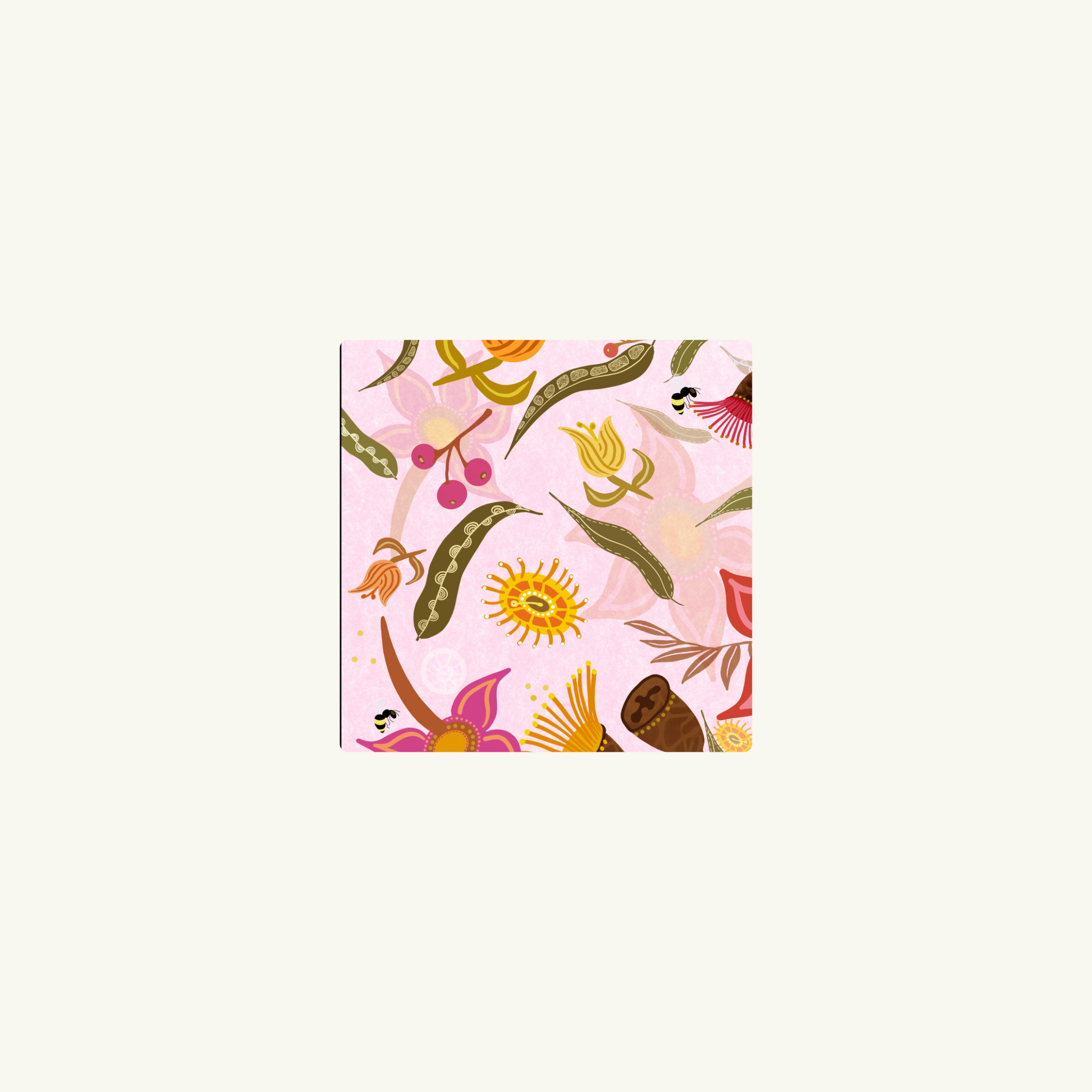 Patterned paper with floral and insect design on a pink background. Joyful abstract art apron designed and signed by Melbourne artist Jen Rodger