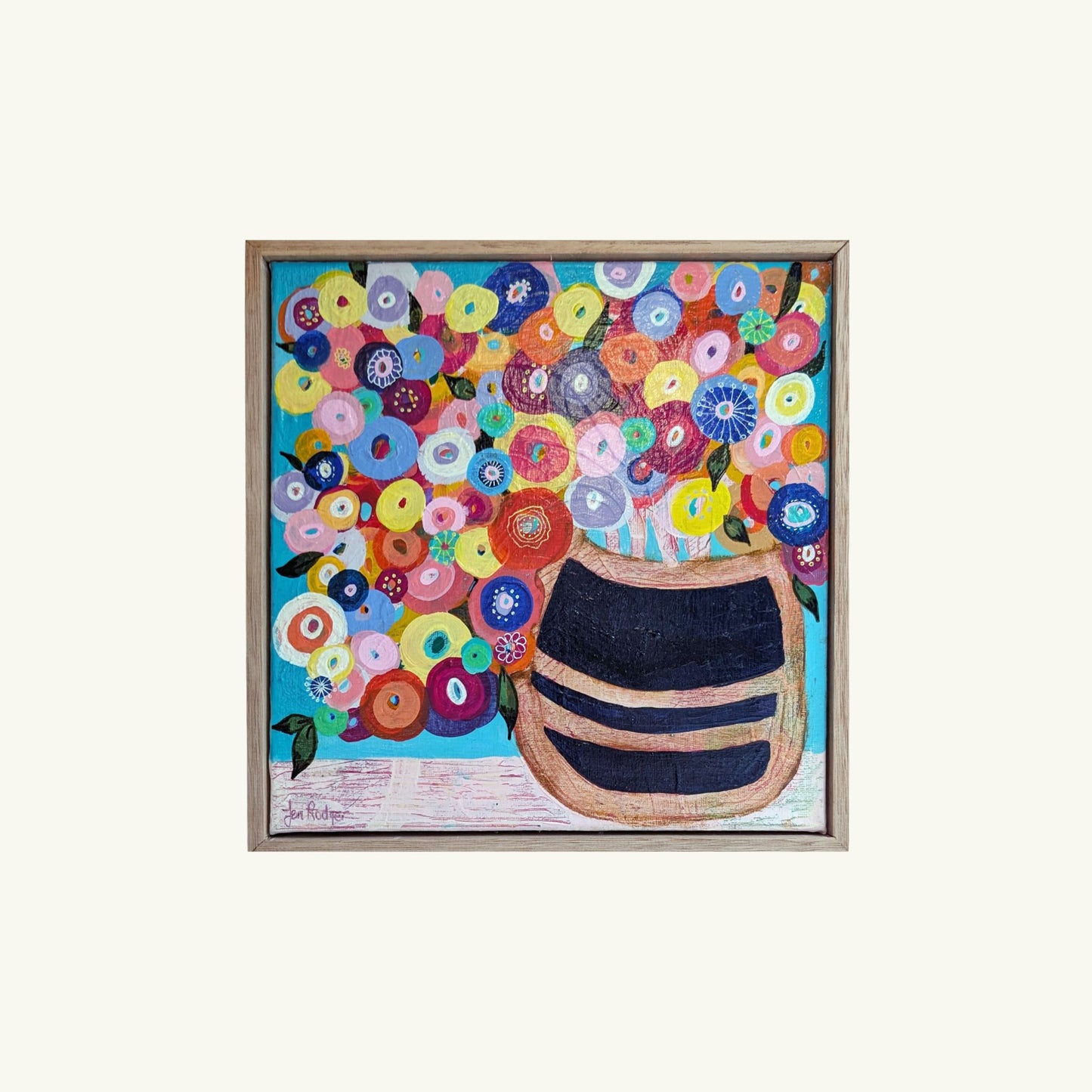 Joyful Happy Flowers is an Original Painting of a round vase with colorful flowers by Janet Rodger