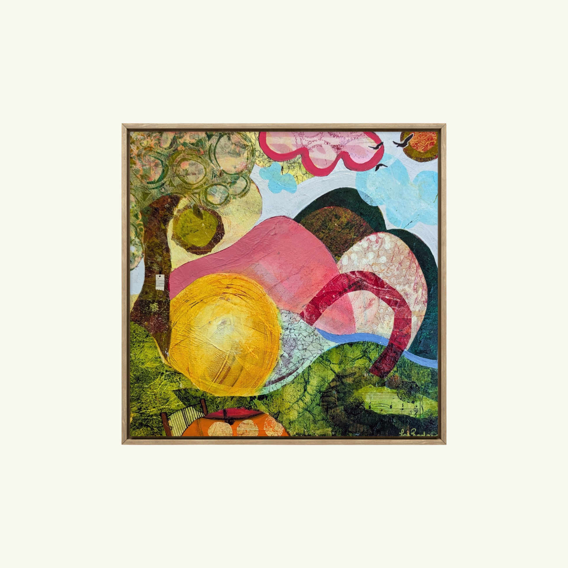 Abstract painting titled The Meditation Tree by Jen Rodger, featuring a golden sun, flowing pink and green hills, and a central tree with textured patterns symbolising calm, release, and inner peace.