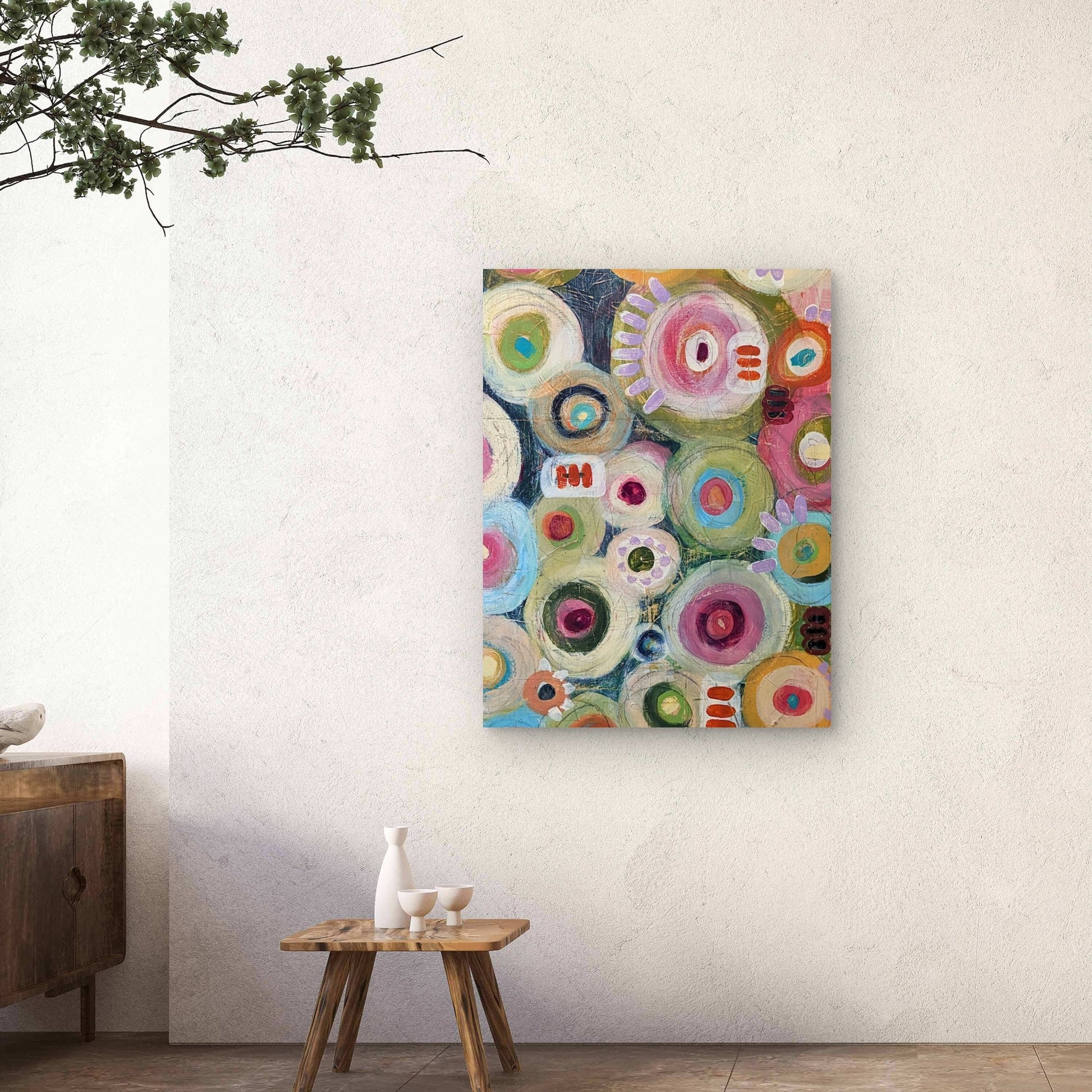 Tea & Cake abstract painting by Jen Rodger with colourful circular forms and layered acrylic textures