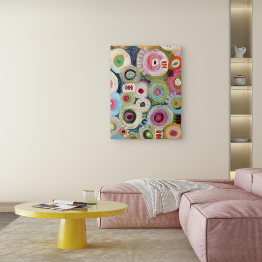 Tea & Cake abstract painting by Jen Rodger with colourful circular forms and layered acrylic textures