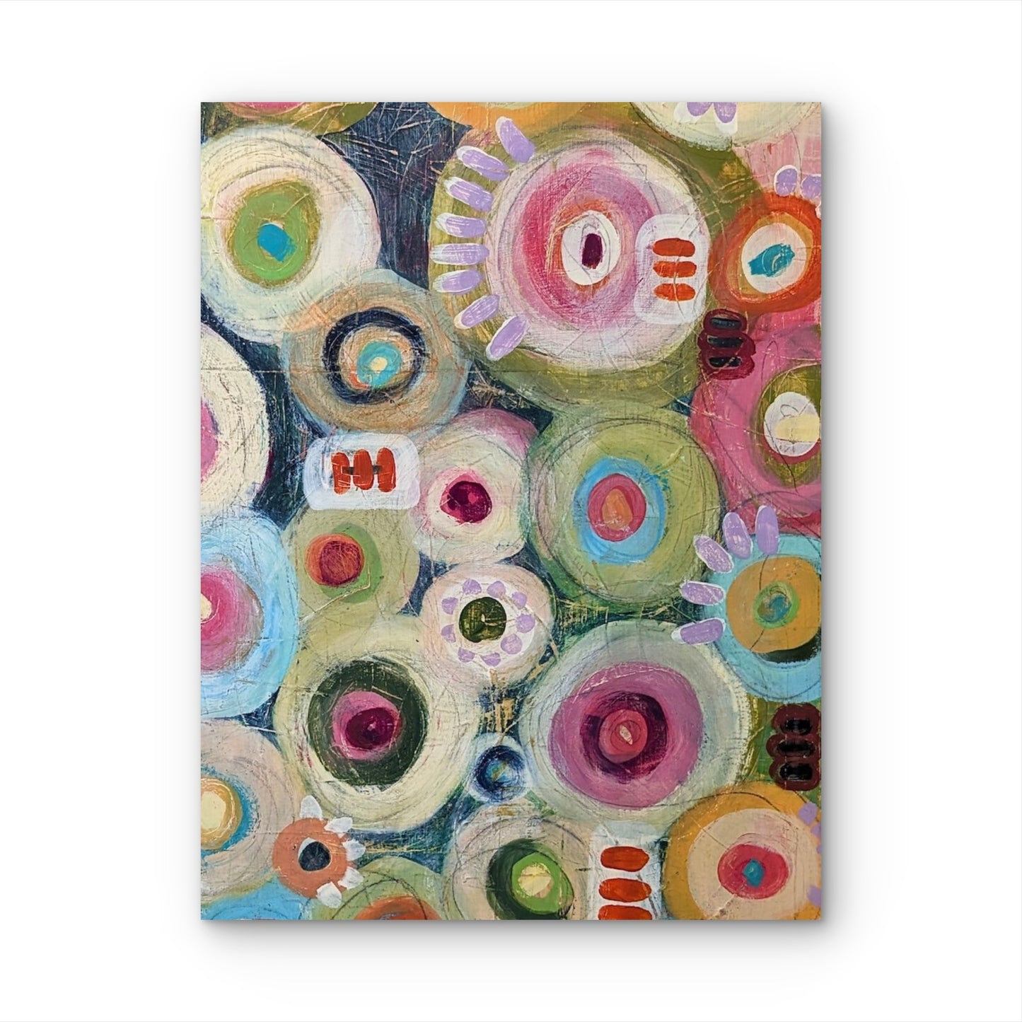 Tea & Cake abstract painting by Jen Rodger with colourful circular forms and layered acrylic textures