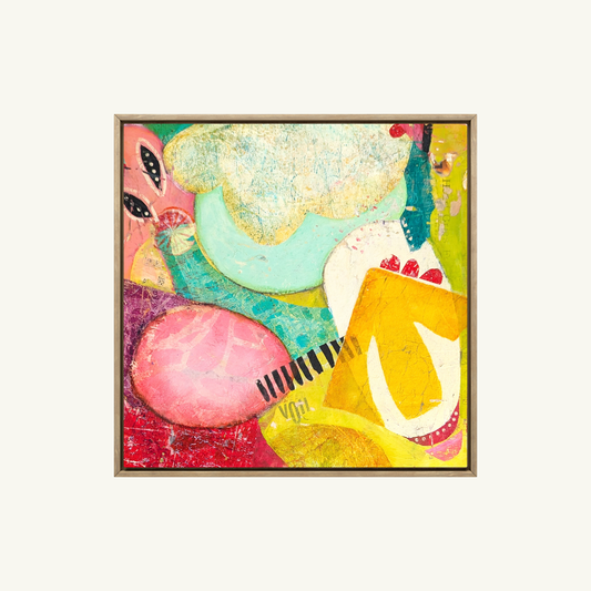 Abstract painting titled The Only Way Is Up by Jen Rodger featuring vibrant pink, yellow and aqua tones with textured layers symbolising optimism, trust and creative momentum.