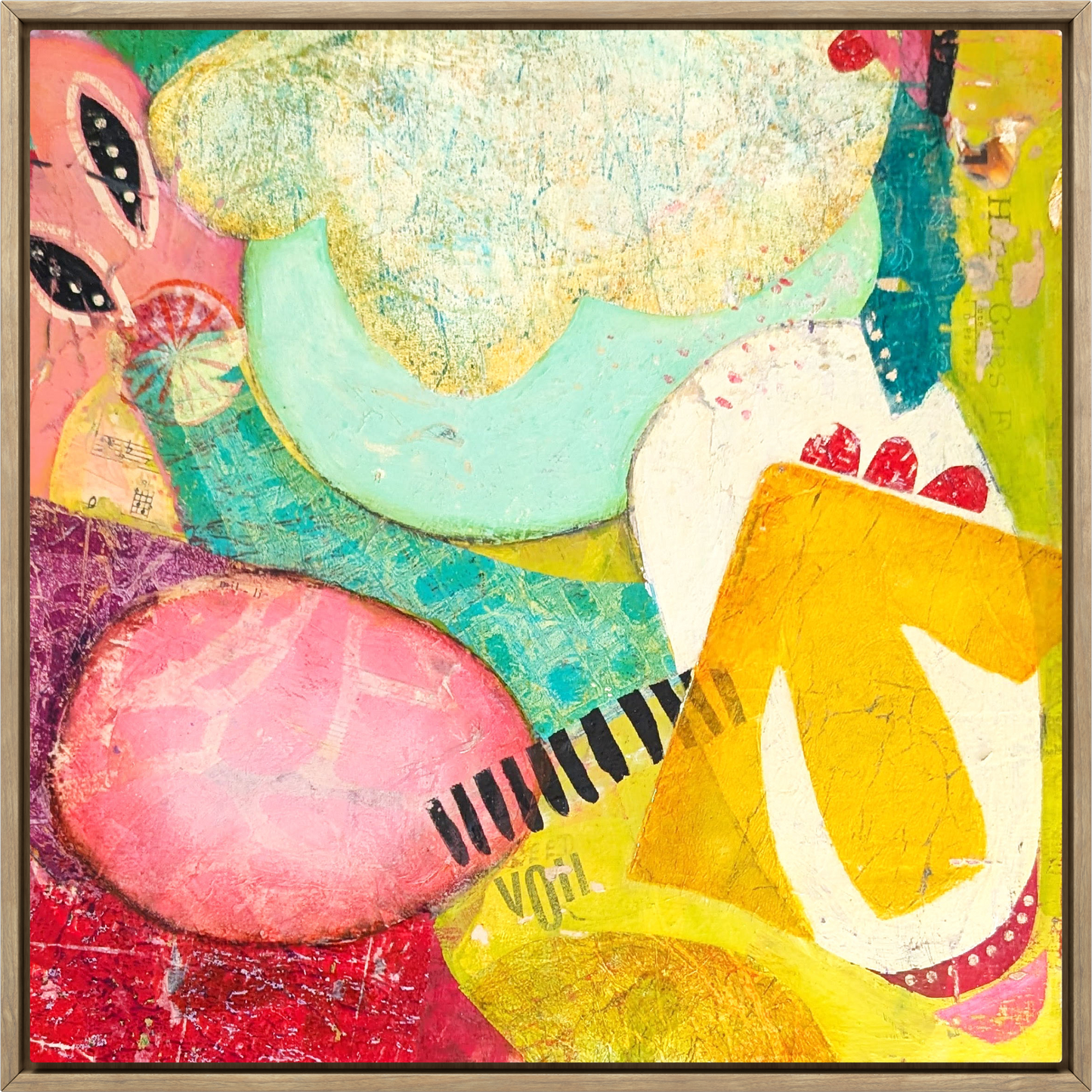 Abstract painting titled The Only Way Is Up by Jen Rodger featuring vibrant pink, yellow and aqua tones with textured layers symbolising optimism, trust and creative momentum.