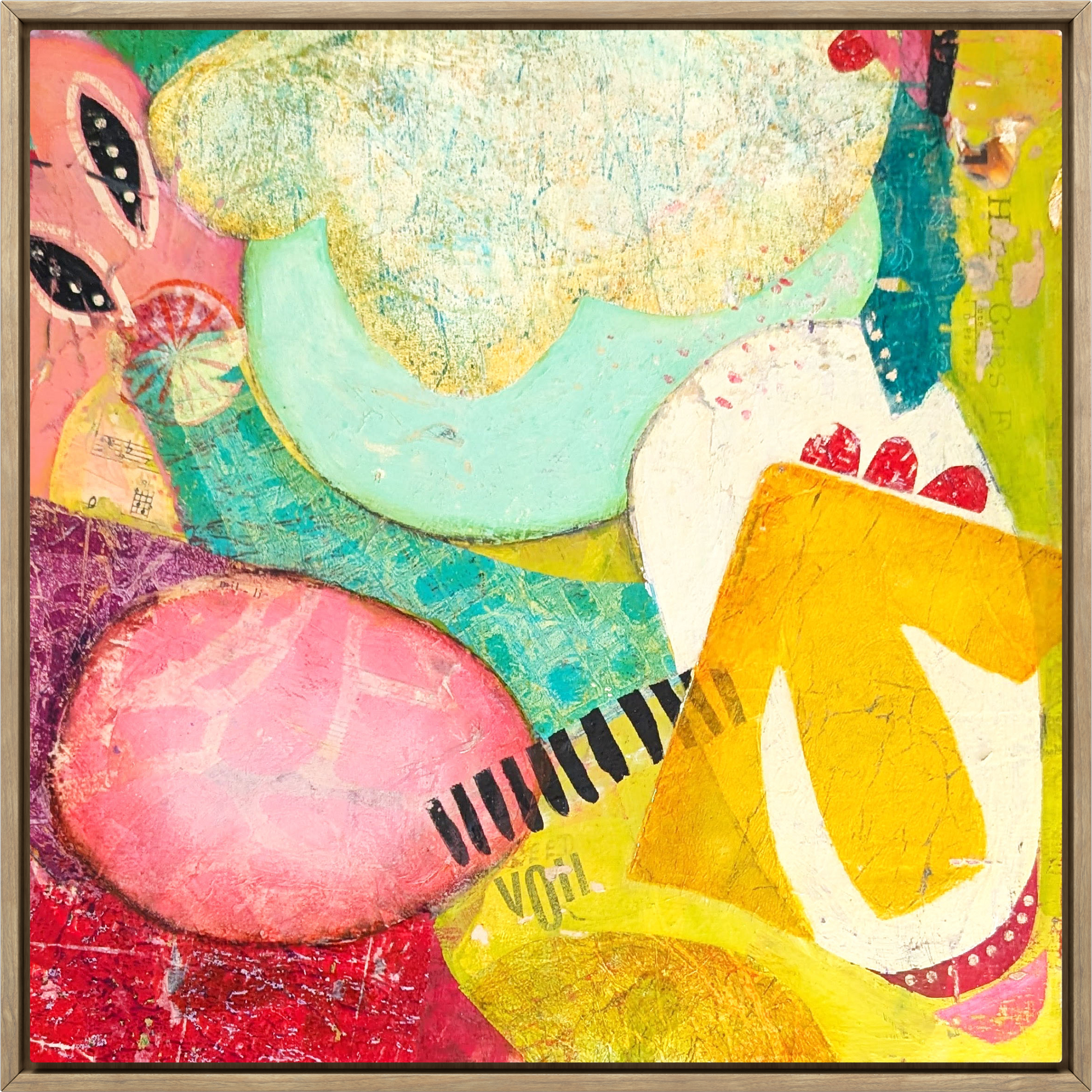 Abstract painting titled The Only Way Is Up by Jen Rodger featuring vibrant pink, yellow and aqua tones with textured layers symbolising optimism, trust and creative momentum.