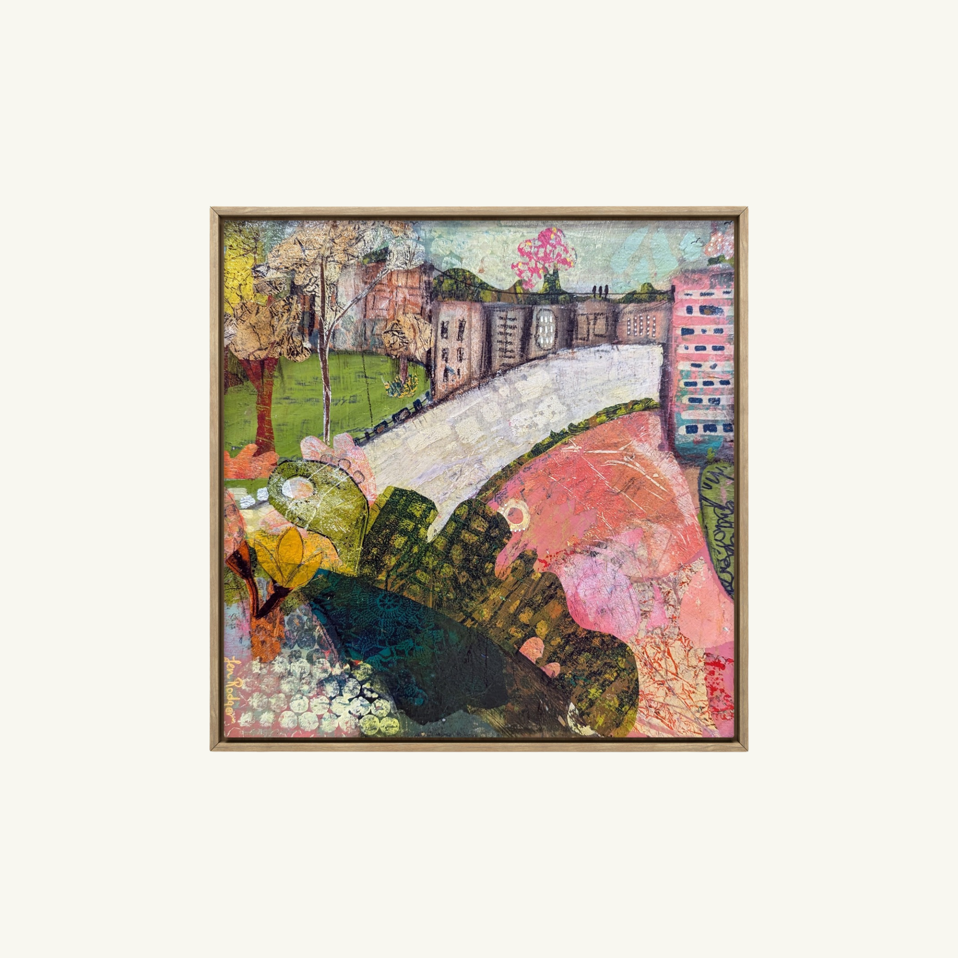 Abstract landscape painting titled The Village on the Hill by Jen Rodger featuring rolling greens and blues with a symbolic village below, representing calm, balance and perspective within the busyness of life.