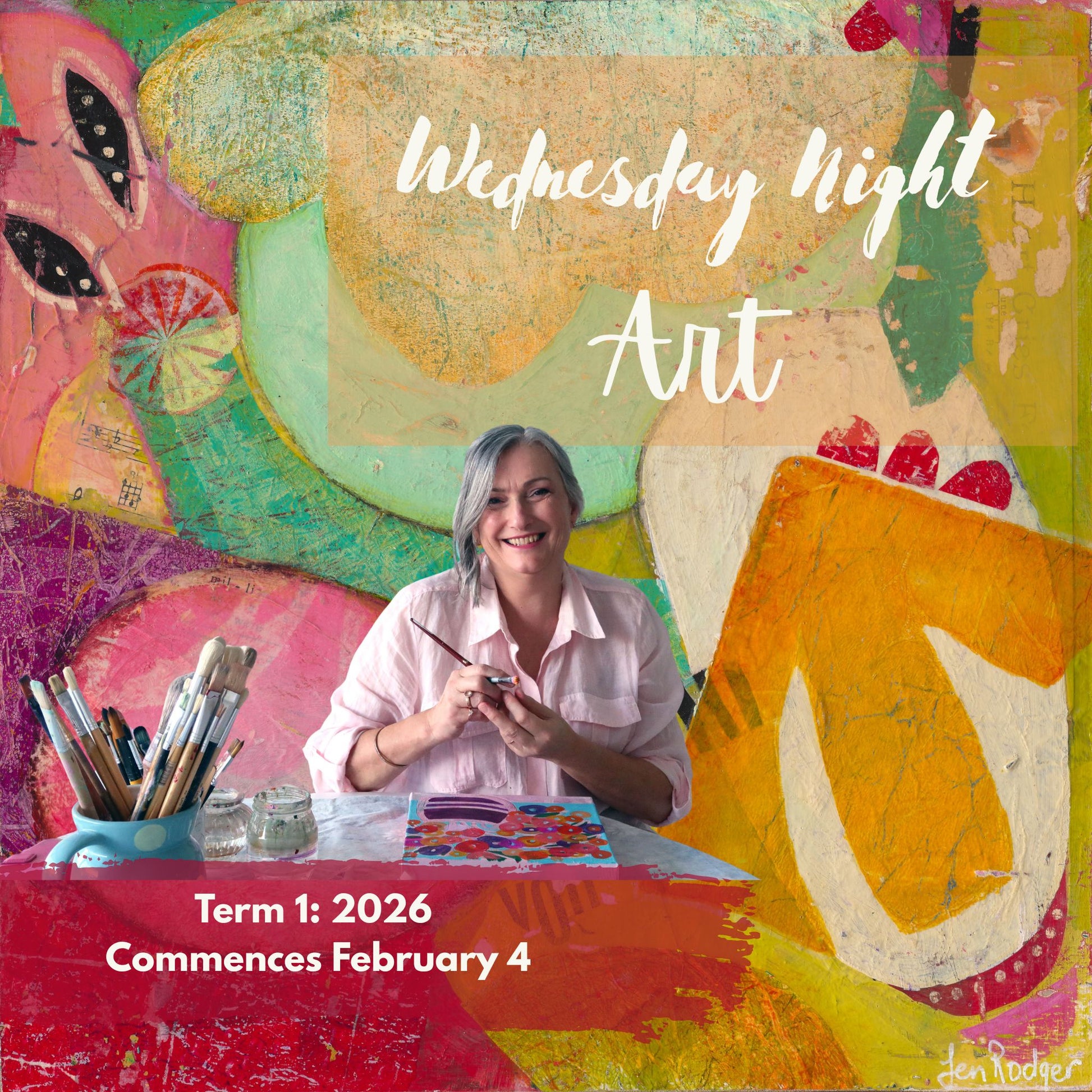 Promotional poster for a new weekly abstract art class at Moongala, Bentleigh East - Wednesday nights 7-9pm. Image of smiling Jen Rodger, abstract art instructor.