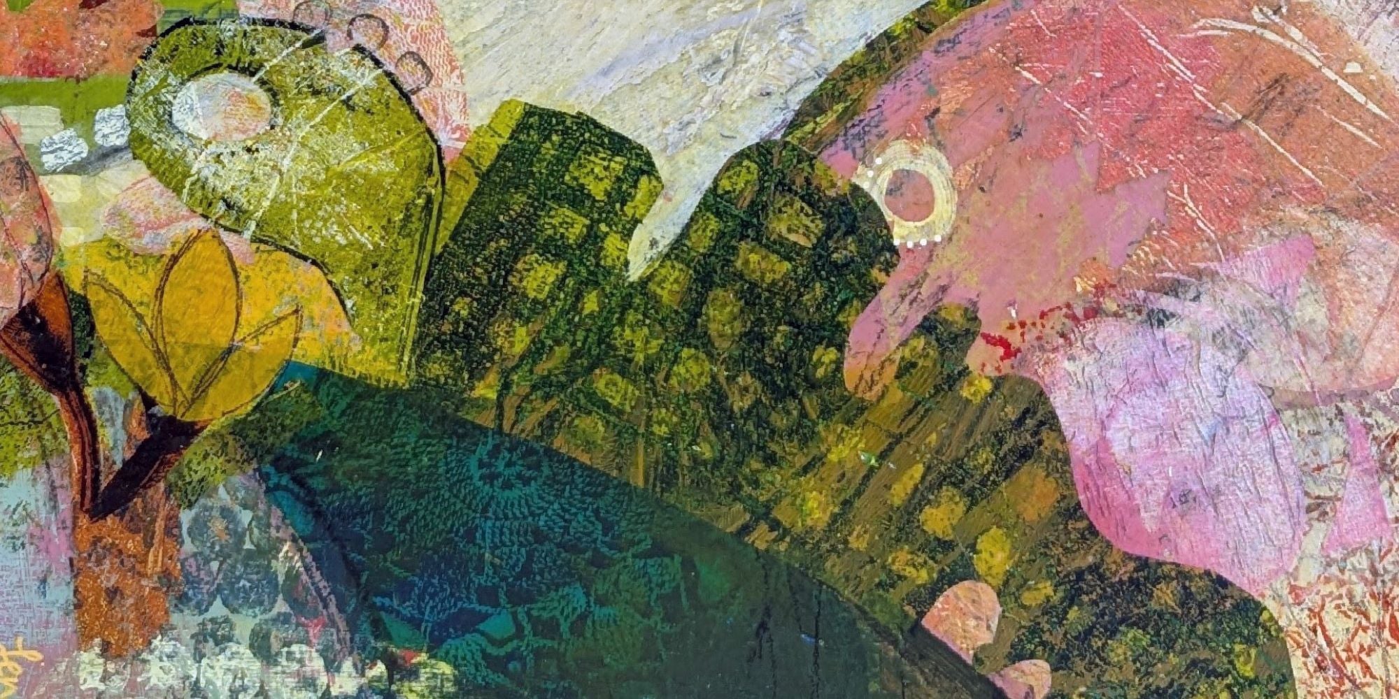 Abstract painting by Jen Rodger featuring vibrant teal, pink and yellow textures symbolising freedom, creativity and the art of letting go.