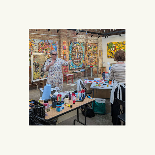 Jen Rodger guiding participants in an abstract painting workshop in Melbourne